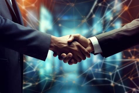 Two professionals shaking hands against a backdrop of connected network graphics, representing research collaboration